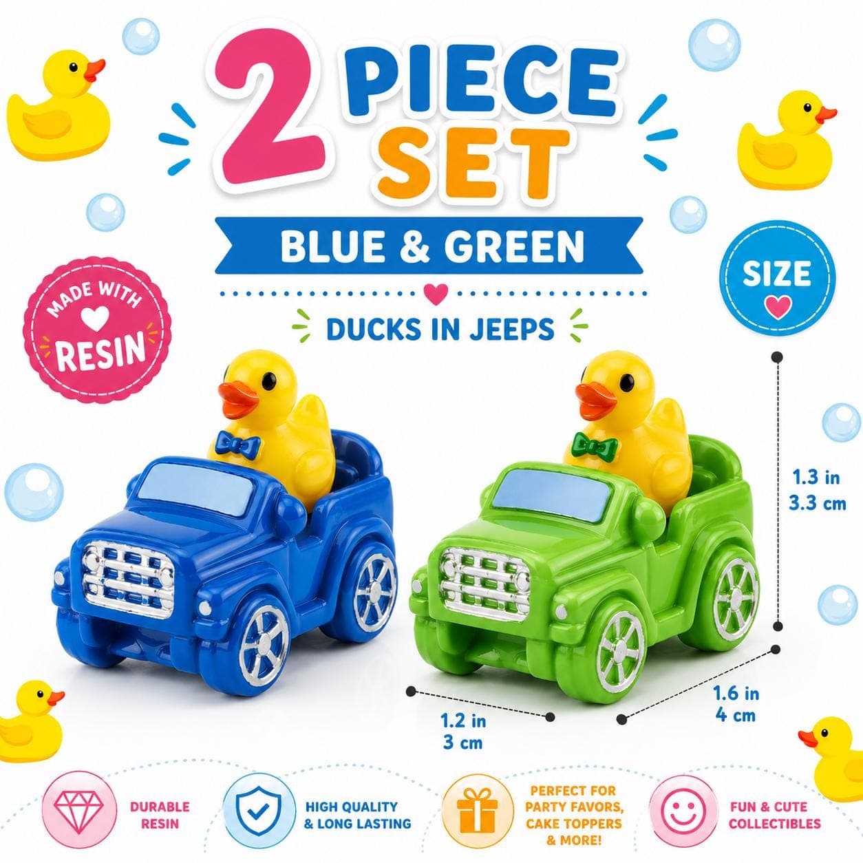 Mini Resin Ducks in Jeeps – 2 Piece Color Pair Set – Jeep Ducks with Matching Bow Ties – Tiny Resin Duck Cars – Cruise Ducks – Cake Toppers - Thumbnail 4