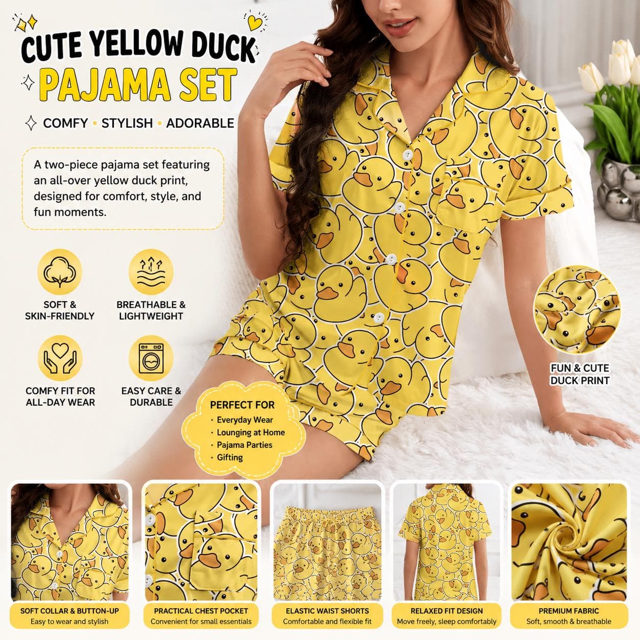 Cute Yellow Duck Pajama Set for Women, Funny Duck Print Button-Up Sleepwear, Soft Short Sleeve PJ Shorts Set, Cozy Duck Lounge Set - Image 1