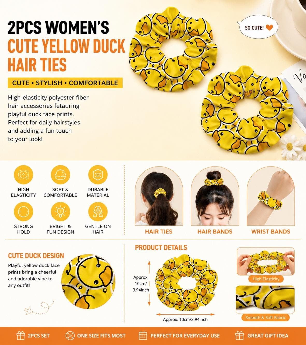 2pc Cute Yellow Duck Scrunchies for Women | Duck Print Hair Ties | Soft Elastic Ponytail Holders | Fun Duck Hair Accessories - Image 1