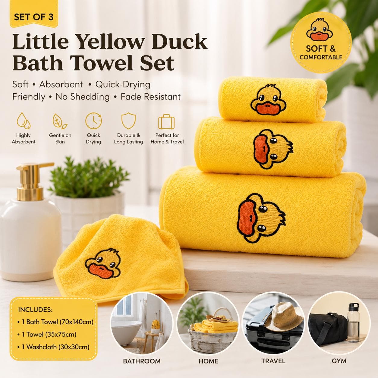 Cute Little Yellow Duck Bath Towel Set, Embroidered Duck Towels, Soft Quick Dry Bathroom Towels, Travel Towel Set, Duck Lover Gift - Image 1