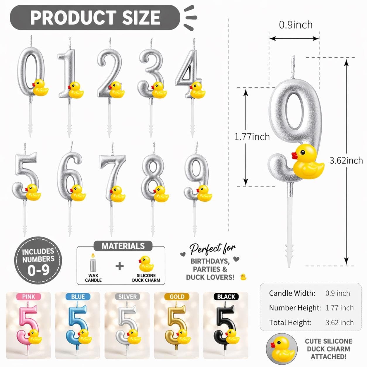 Duck Charm Number Candles Set 0–9 – Silicone Rubber Duck Cake Topper - Thumbnail 3