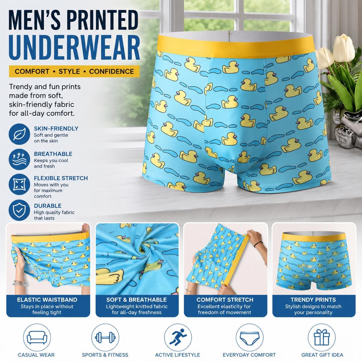 Funny Duck Print Men’s Boxer Briefs, Cute Rubber Duck Underwear, Soft Breathable Stretch Underwear, Novelty Duck Boxers Gift for Men - Image 1