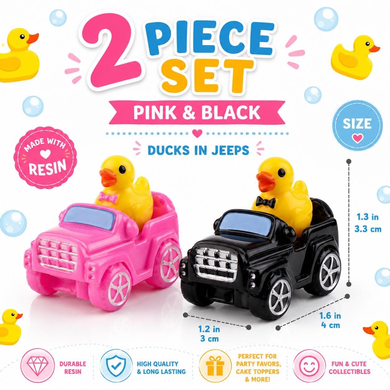 Mini Resin Ducks in Jeeps – 2 Piece Color Pair Set – Jeep Ducks with Matching Bow Ties – Tiny Resin Duck Cars – Cruise Ducks – Cake Toppers - Thumbnail 2