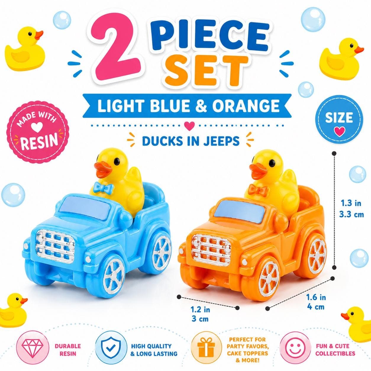 Mini Resin Ducks in Jeeps – 2 Piece Color Pair Set – Jeep Ducks with Matching Bow Ties – Tiny Resin Duck Cars – Cruise Ducks – Cake Toppers - Thumbnail 5