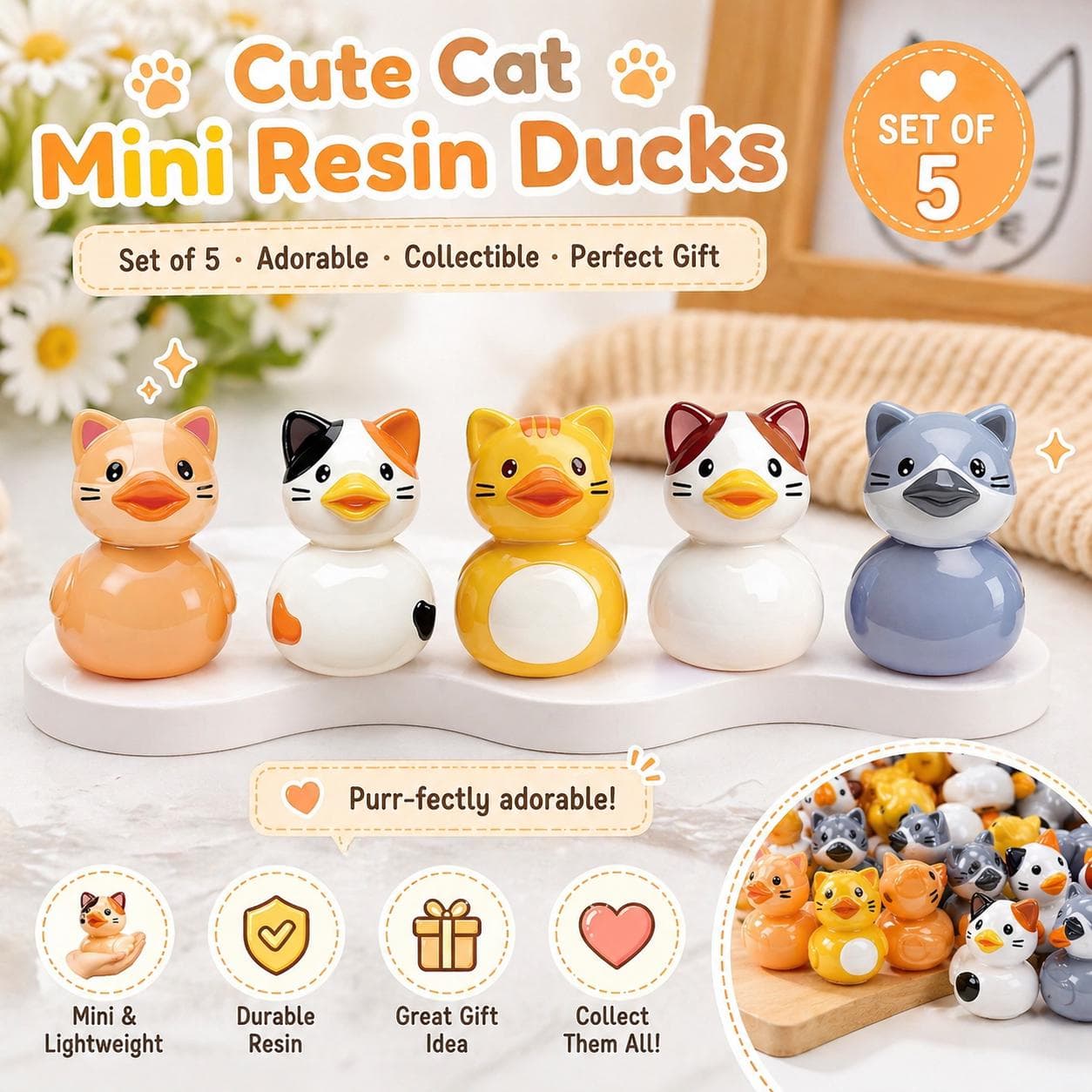 Set of 5 Cat Themed Mini Resin Ducks, Collectible Animal Figurines, Jeep Cruise Fun - Image 1