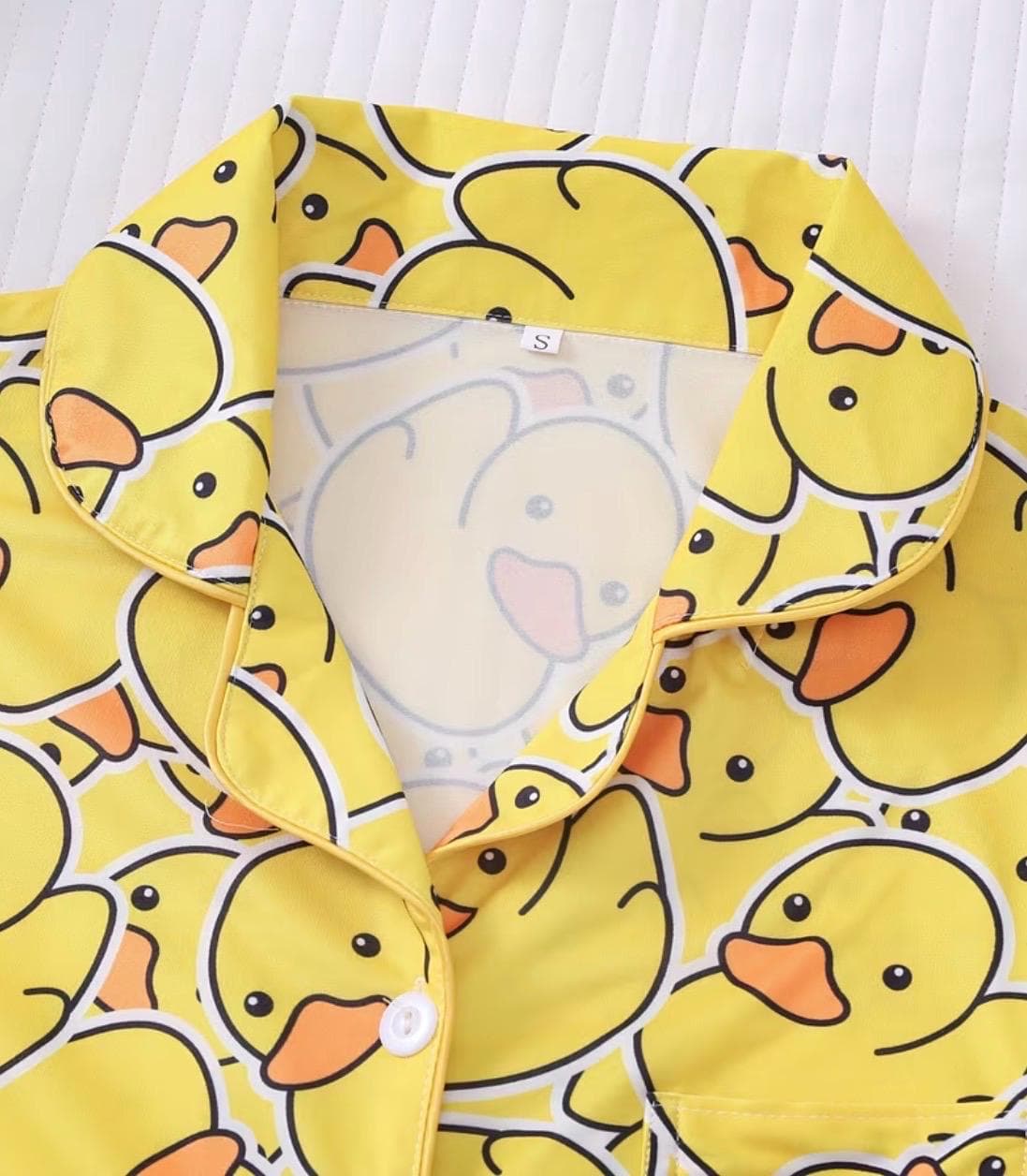 Cute Yellow Duck Pajama Set for Women, Funny Duck Print Button-Up Sleepwear, Soft Short Sleeve PJ Shorts Set, Cozy Duck Lounge Set - Thumbnail 6