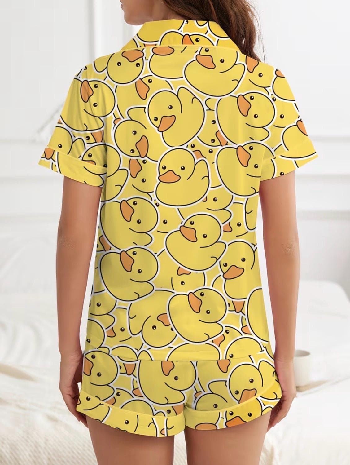 Cute Yellow Duck Pajama Set for Women, Funny Duck Print Button-Up Sleepwear, Soft Short Sleeve PJ Shorts Set, Cozy Duck Lounge Set - Thumbnail 3