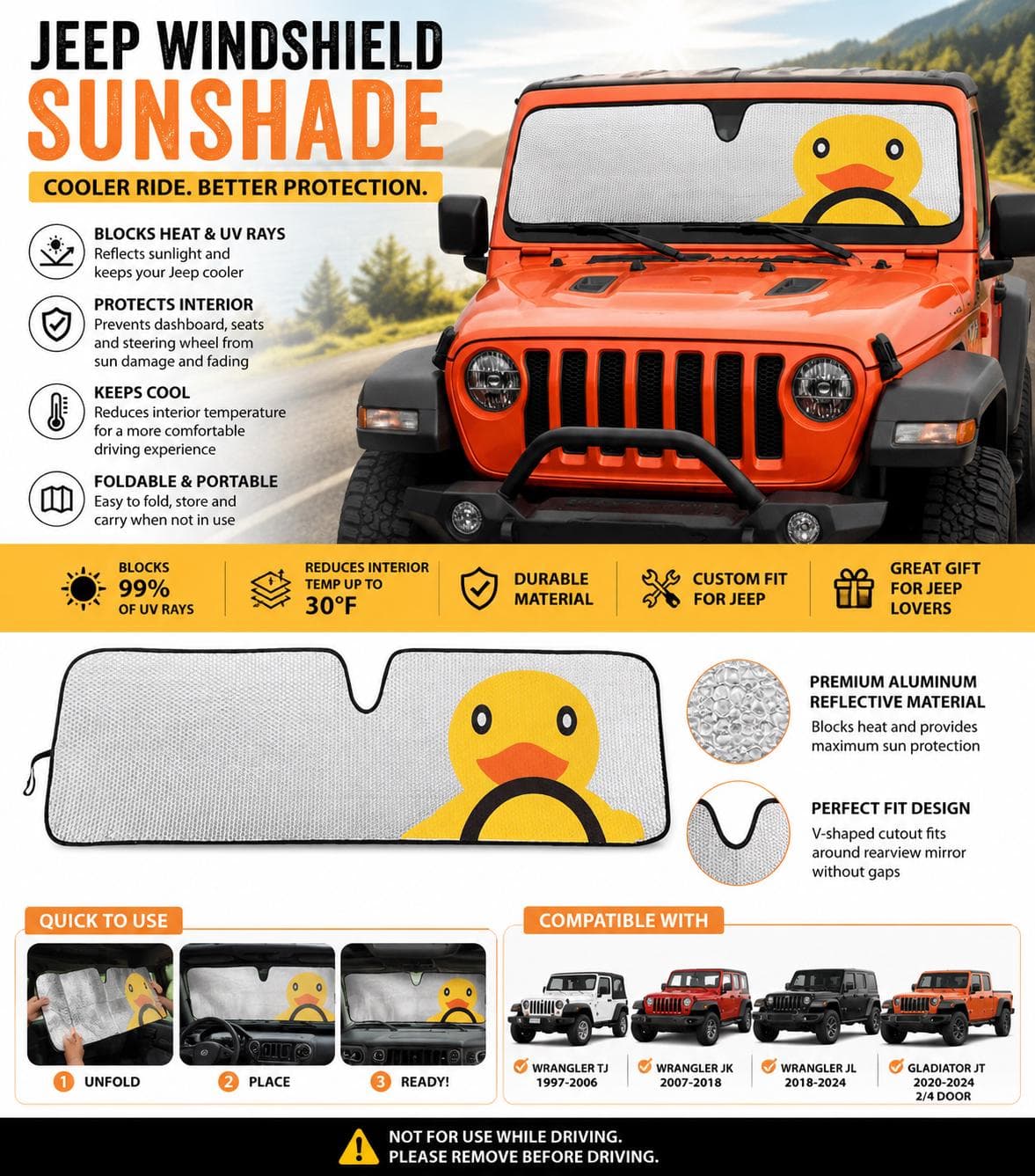 Duck Windshield Sunshade for Jeep Wrangler & Gladiator, Funny Duck Heat Shield Sun Visor Cover, Foldable UV Blocker for Jeep Truck or Car - Image 1