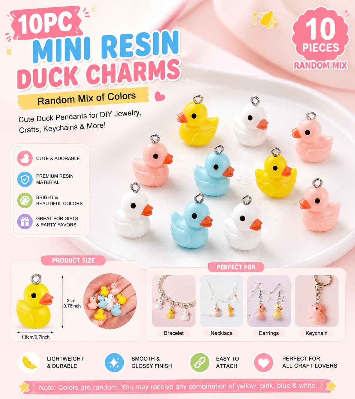 10pc Mini Resin Duck Charms for Jewelry Making, Random Color Duck Pendants, DIY Bracelet Necklace Earring Accessories, Cute Tiny Duck Craft - Image 1