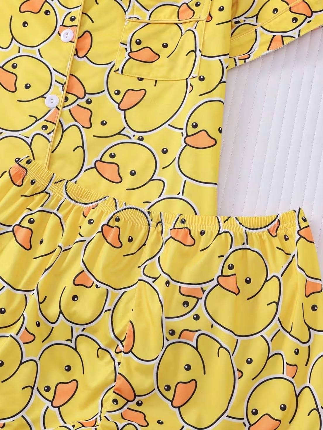 Cute Yellow Duck Pajama Set for Women, Funny Duck Print Button-Up Sleepwear, Soft Short Sleeve PJ Shorts Set, Cozy Duck Lounge Set - Thumbnail 5