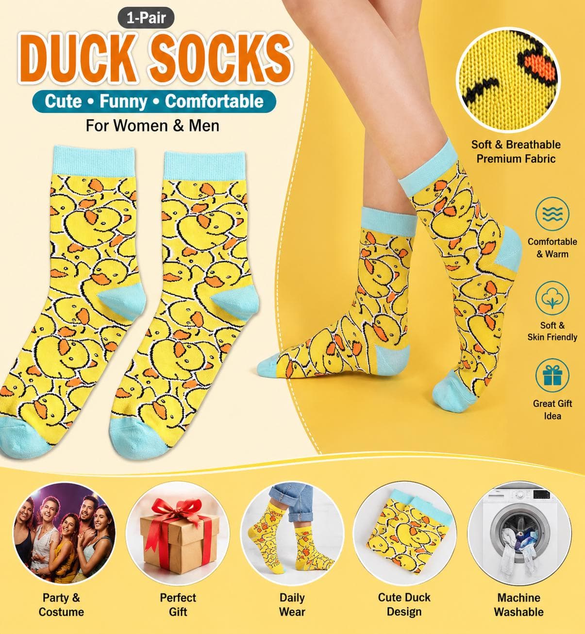 Cute Duck Socks for Women & Men, Funny Duck Print Crew Socks, Novelty Animal Socks, Cozy Casual Gift Socks, 1 Pair Unisex Duck Socks - Image 1