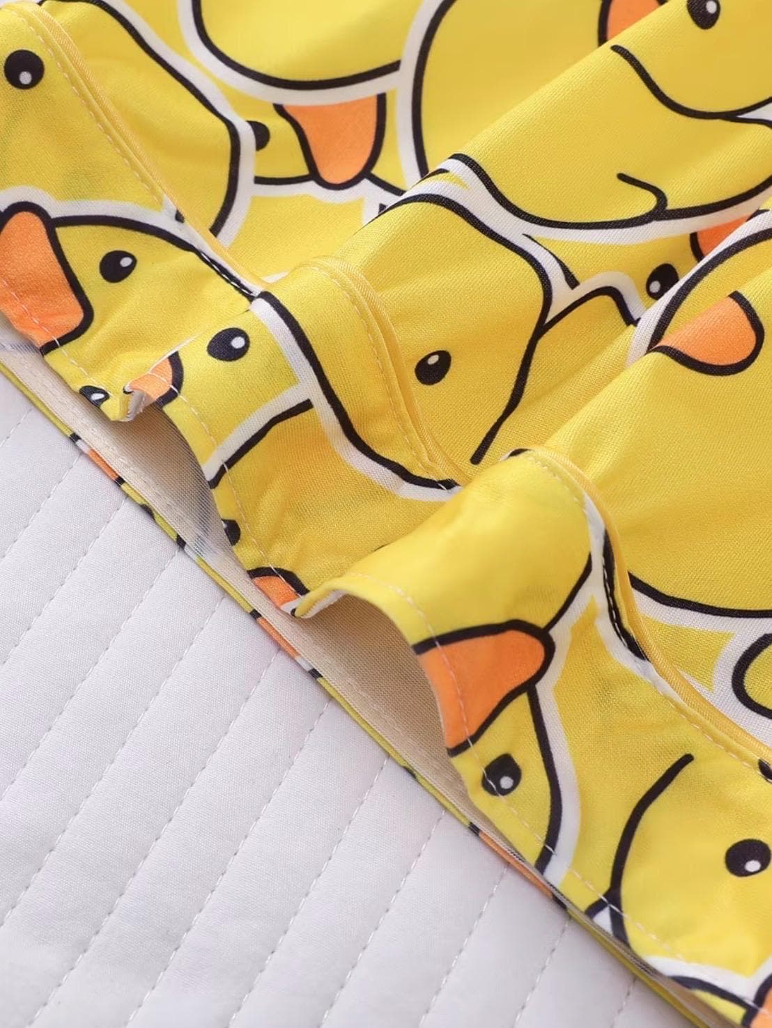 Cute Yellow Duck Pajama Set for Women, Funny Duck Print Button-Up Sleepwear, Soft Short Sleeve PJ Shorts Set, Cozy Duck Lounge Set - Thumbnail 4