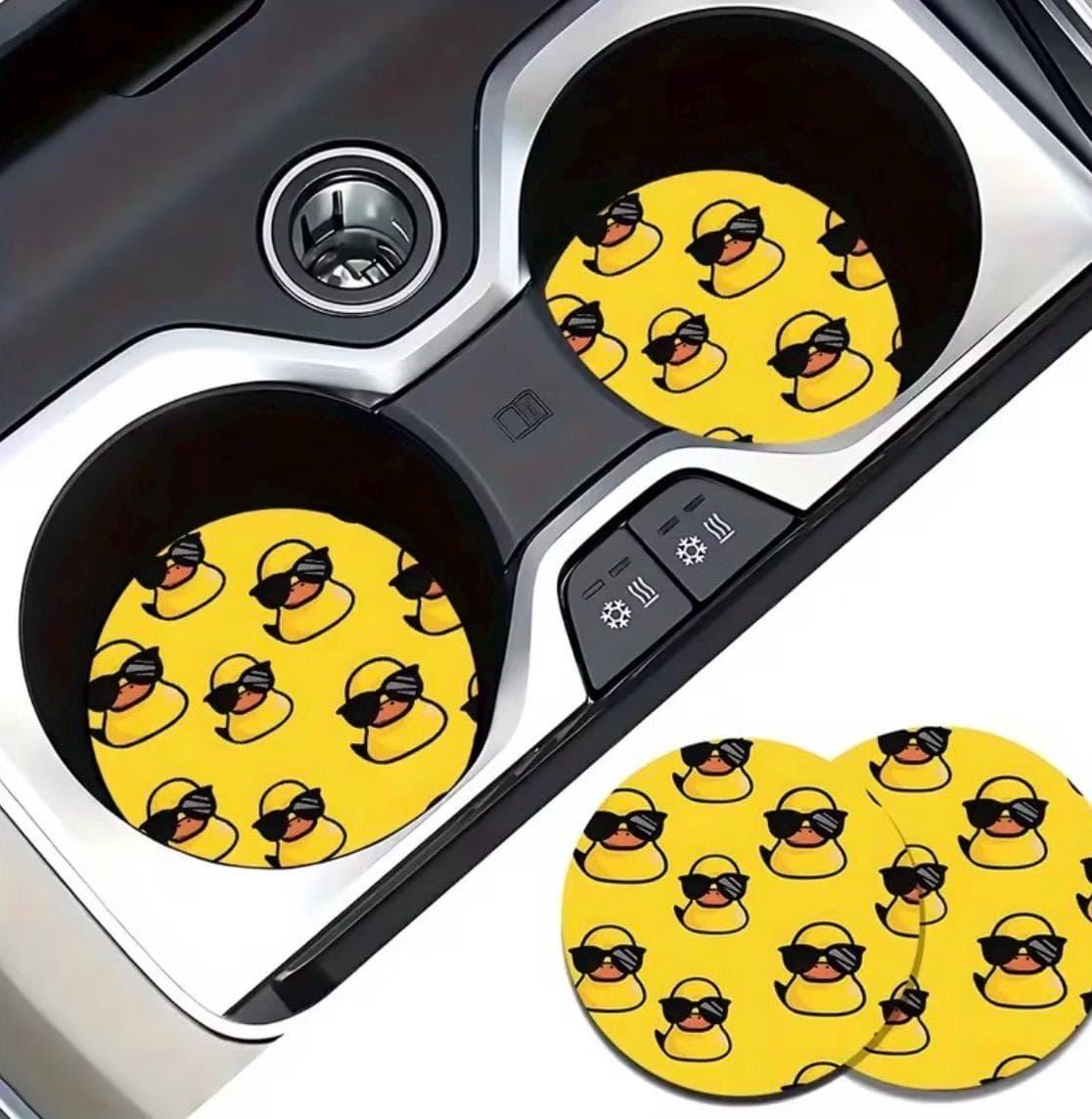 Set of 2 Yellow Duck Car Coasters with Sunglasses, Cute Duck Cup Holder Inserts, Absorbent Ceramic Car Accessories for SUV Truck Jeep - Thumbnail 3