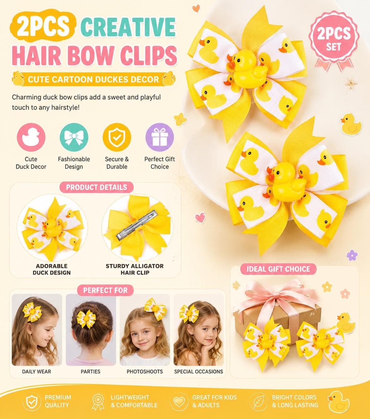 2pcs Cute Duck Hair Bow Clips for Girls, Yellow Cartoon Duck Ribbon Hair Bows, Alligator Hair Clips, Duck-Themed Hair Accessories Toddler - Image 1