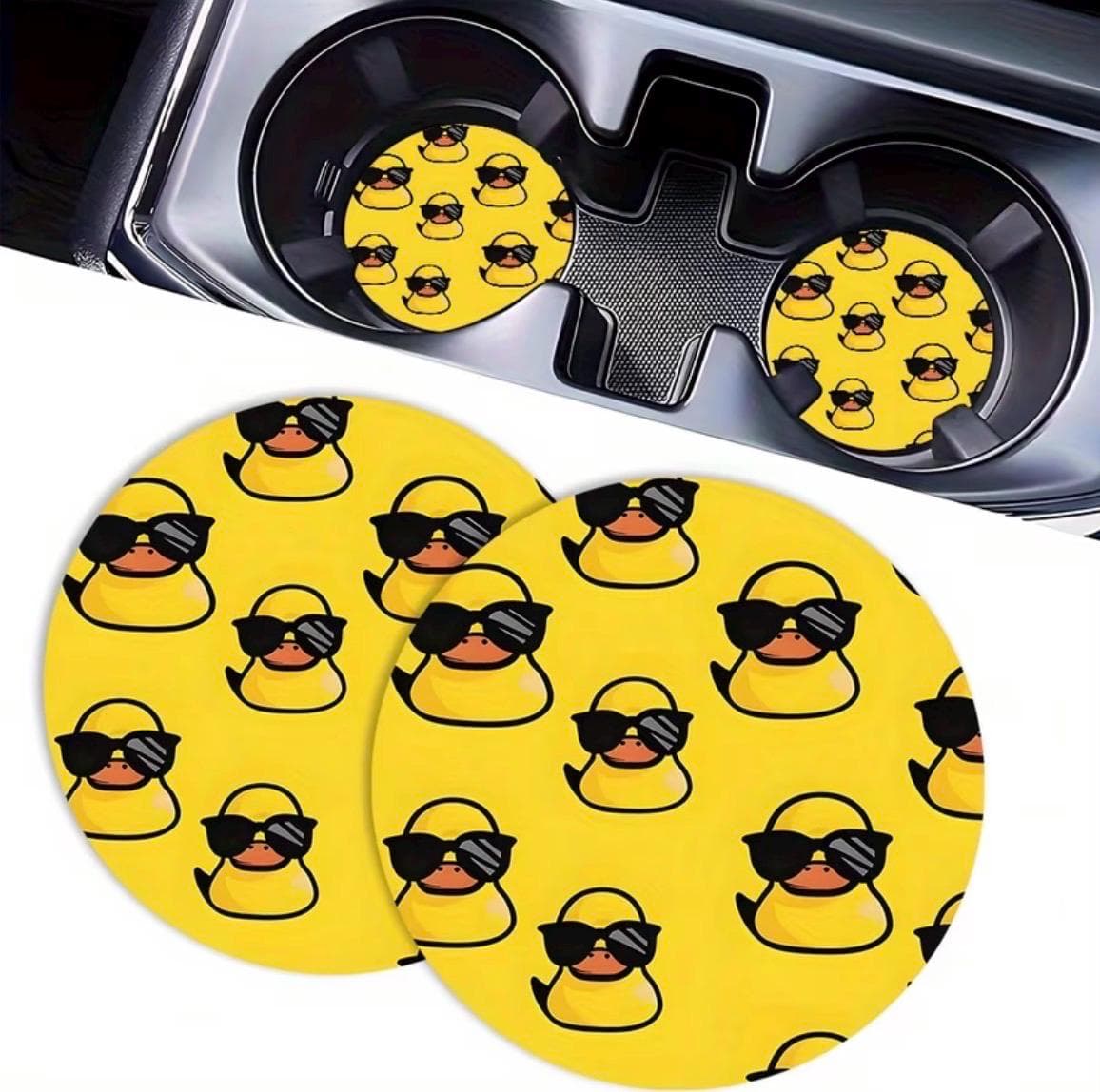 Set of 2 Yellow Duck Car Coasters with Sunglasses, Cute Duck Cup Holder Inserts, Absorbent Ceramic Car Accessories for SUV Truck Jeep - Thumbnail 7