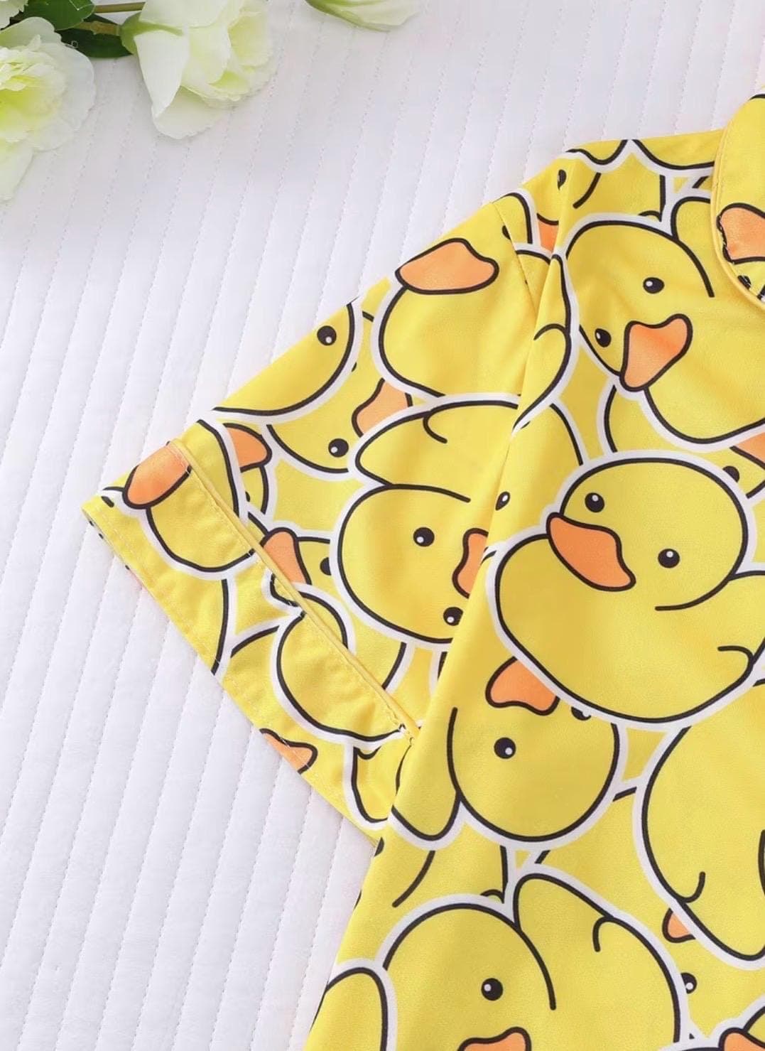 Cute Yellow Duck Pajama Set for Women, Funny Duck Print Button-Up Sleepwear, Soft Short Sleeve PJ Shorts Set, Cozy Duck Lounge Set - Thumbnail 9