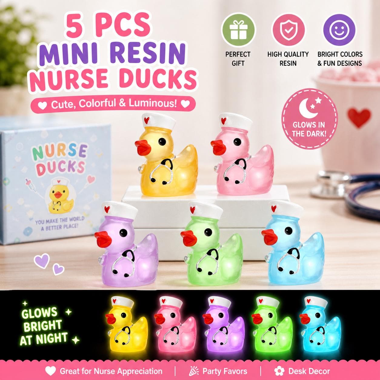 5pc Glow in the Dark Nurse Ducks Set, Mini Resin Nurse Duck Figurines, Nurse Appreciation Gift, Cruise Ducks, Jeep Ducks, Desk Decor - Image 1