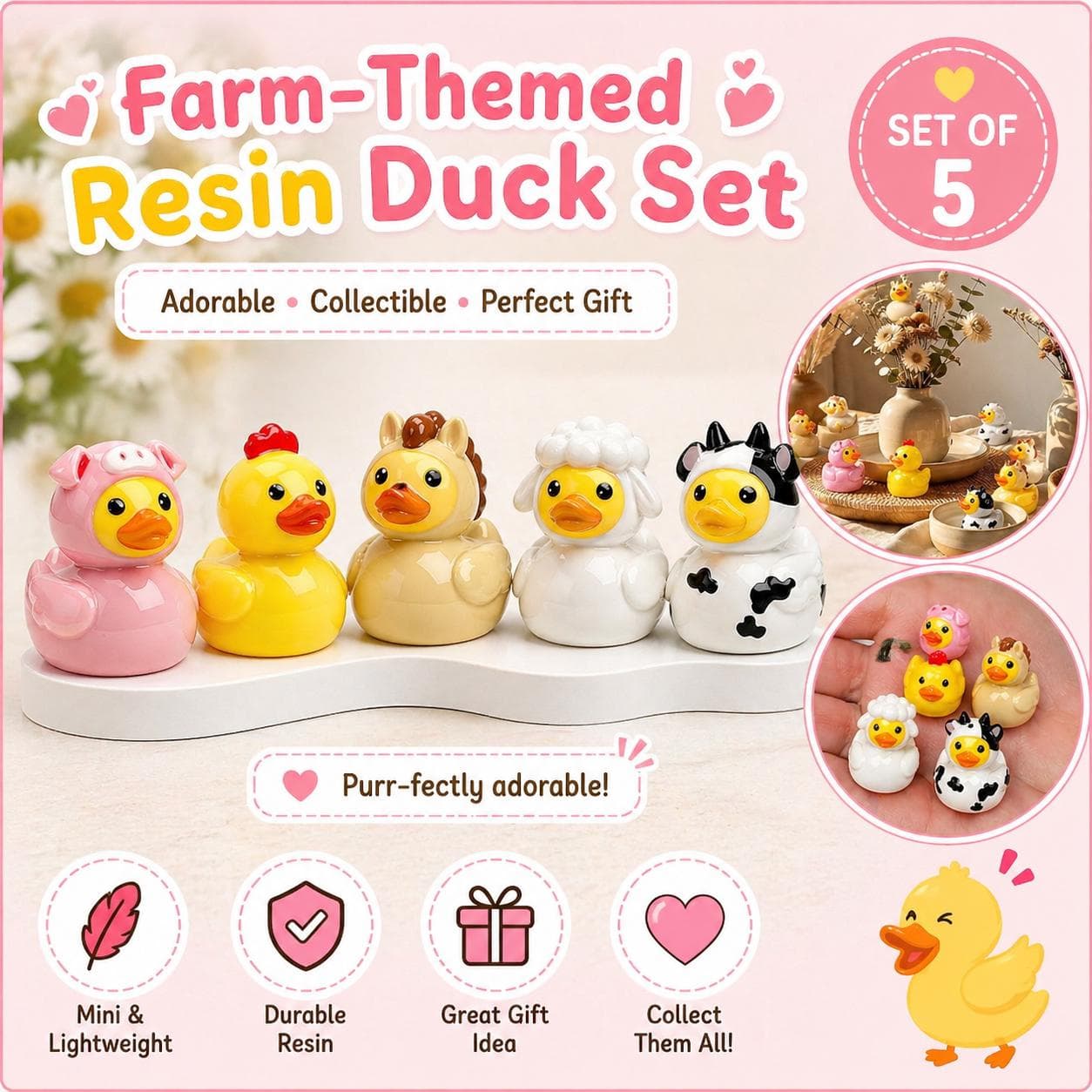 Set of 5 Farm Animal Resin Ducks, Mini Collectible Figurines, Jeep Cruise Fun - Image 1