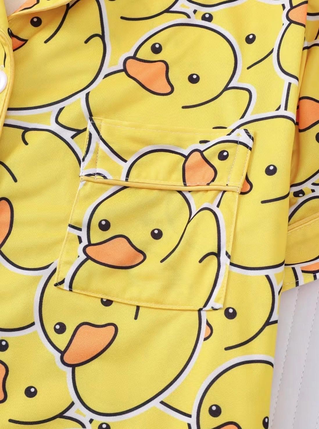Cute Yellow Duck Pajama Set for Women, Funny Duck Print Button-Up Sleepwear, Soft Short Sleeve PJ Shorts Set, Cozy Duck Lounge Set - Thumbnail 8