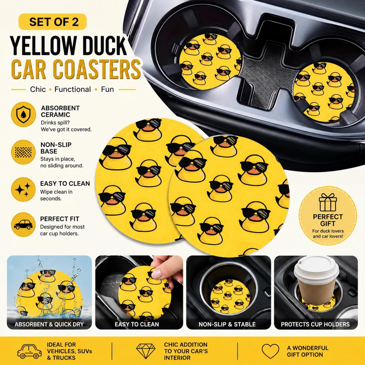 Set of 2 Yellow Duck Car Coasters with Sunglasses, Cute Duck Cup Holder Inserts, Absorbent Ceramic Car Accessories for SUV Truck Jeep - Image 1
