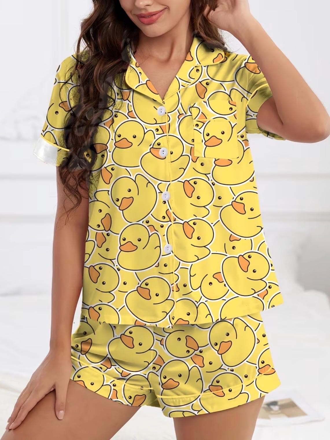 Cute Yellow Duck Pajama Set for Women, Funny Duck Print Button-Up Sleepwear, Soft Short Sleeve PJ Shorts Set, Cozy Duck Lounge Set - Thumbnail 2