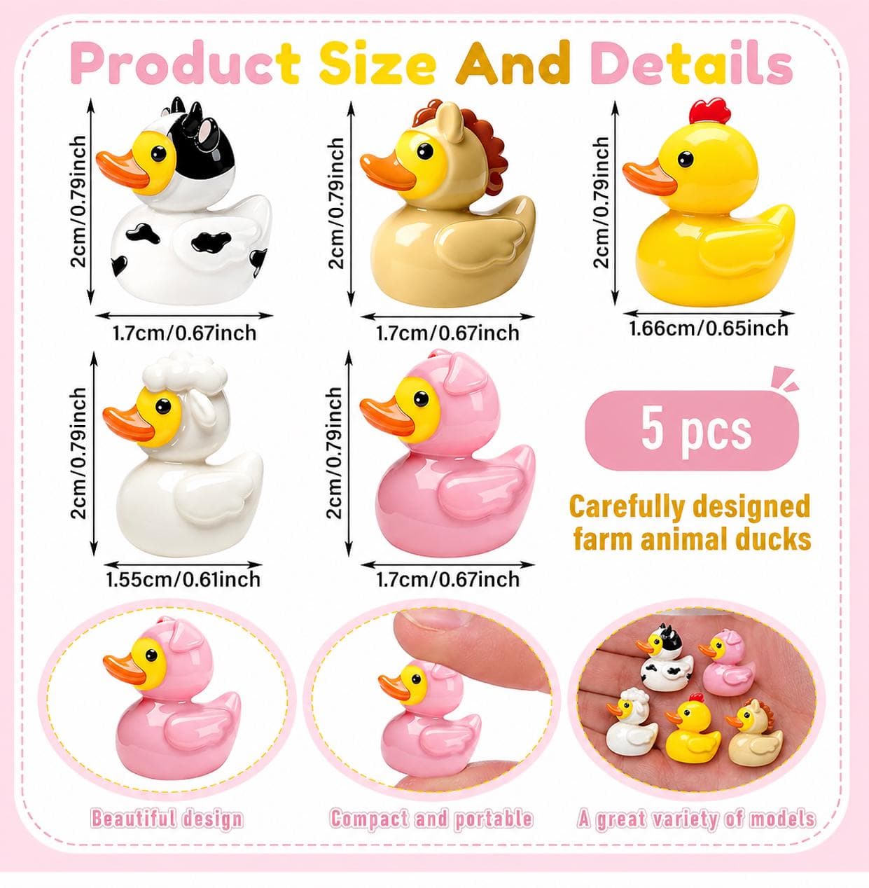 Set of 5 Farm Animal Resin Ducks, Mini Collectible Figurines, Jeep Cruise Fun - Thumbnail 2