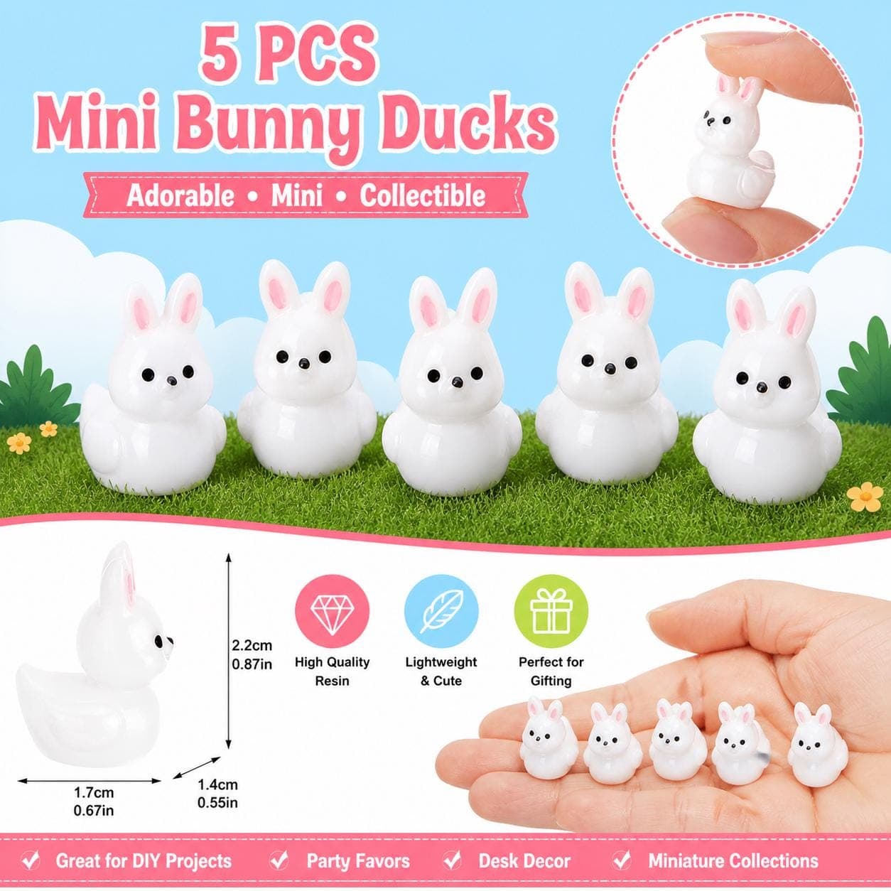 Set of 5 Mini Bunny Ducks Resin Figurines, Cute Rabbit Duck Set, Jeep Ducks, Cruise Ducks, Fairy Garden Decor, Party Favors Gift - Thumbnail 2