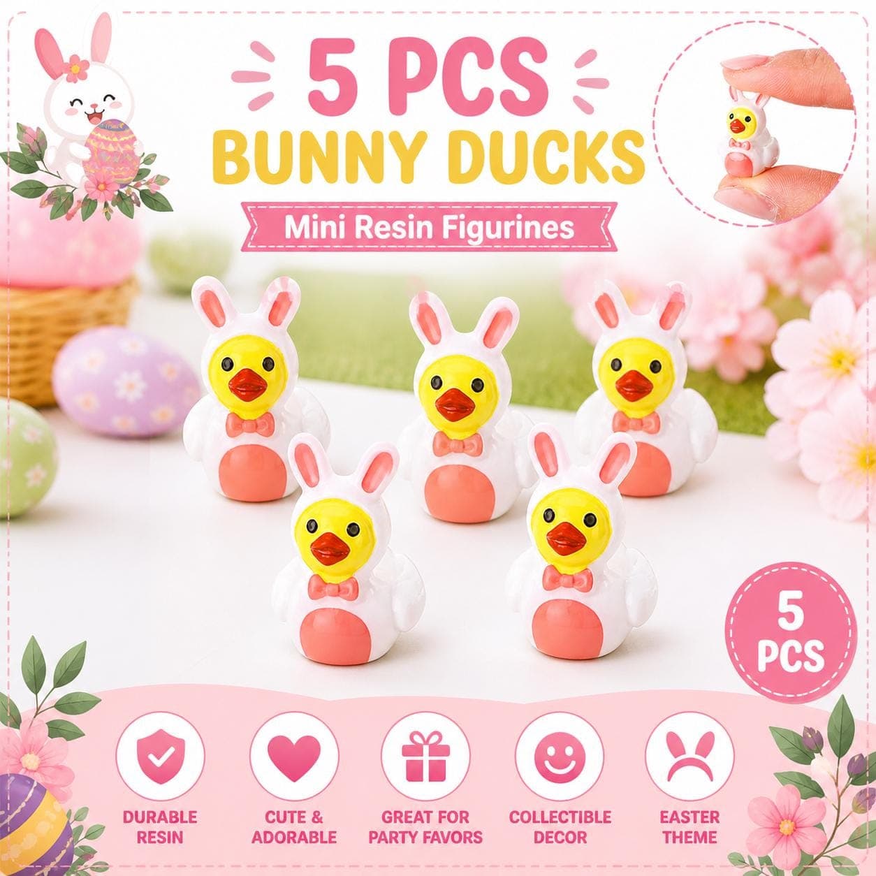 Set of 5 Bunny Duck Mini Resin Figurines, Cute Rabbit Ducks, Jeep Ducks, Cruise Ducks, Spring Decor, Party Favors, Collectible Ducks - Image 1