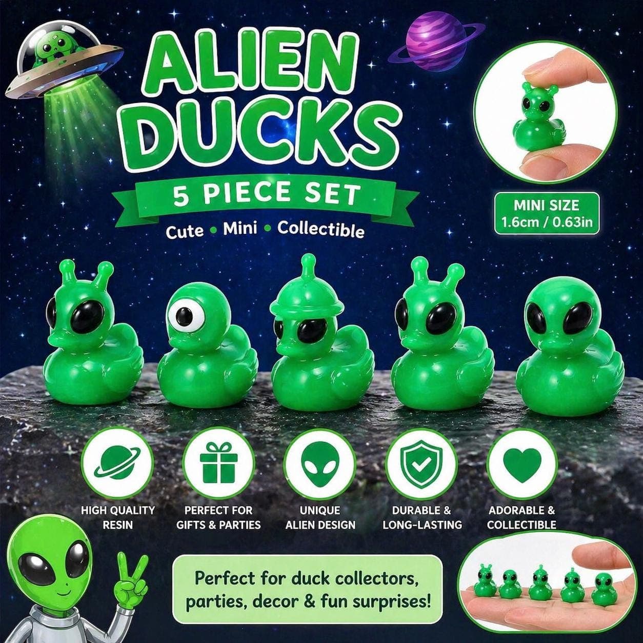 Alien Mini Duck Set, 5 Piece Resin Space Ducks, Collectible Party Favors - Image 1
