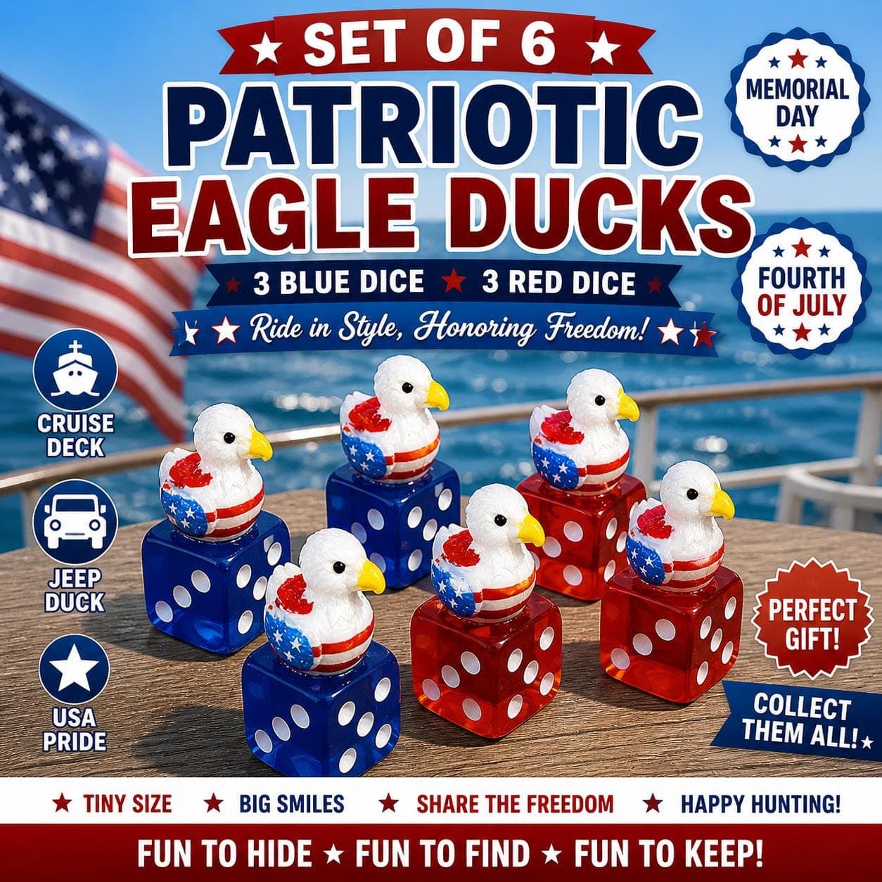 Set of 6 Patriotic Eagle Ducks on Dice | Jeep Ducking, Cruise Ducks, 4th of July Decor, Memorial Day Gift, Red White Blue Ducks - Image 1