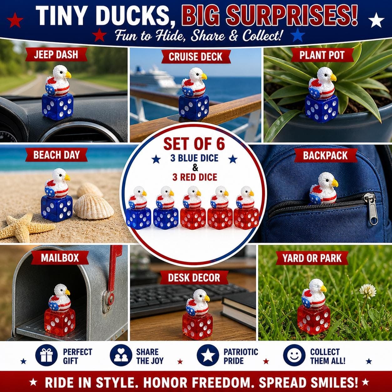 Set of 6 Patriotic Eagle Ducks on Dice | Jeep Ducking, Cruise Ducks, 4th of July Decor, Memorial Day Gift, Red White Blue Ducks - Thumbnail 2
