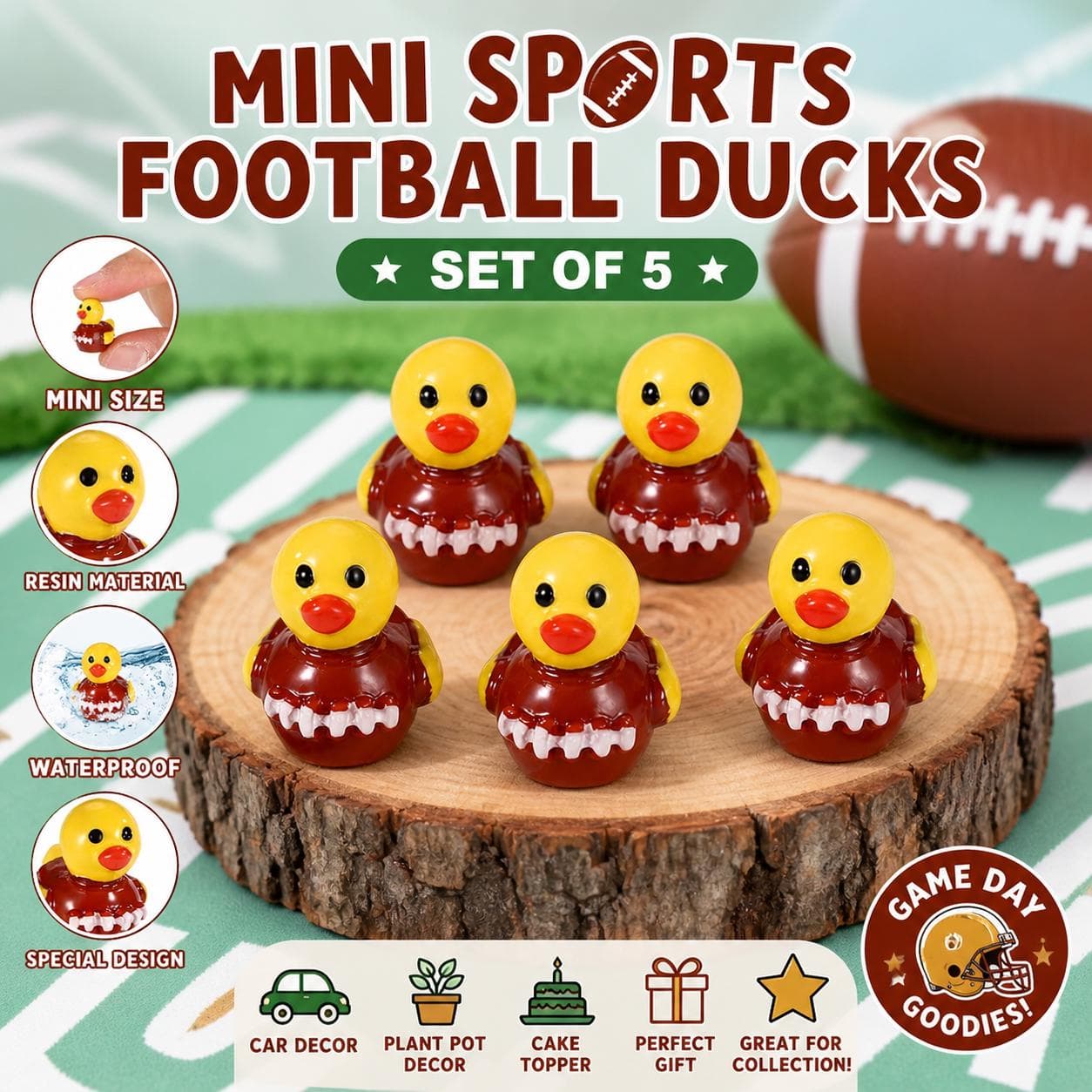 Mini Football Ducks Set of 5, Sports Rubber Ducks, Jeep Ducks Cruise Ducks, Game Day Decor, Tiny Resin Ducks, Cake Topper Gift - Image 1