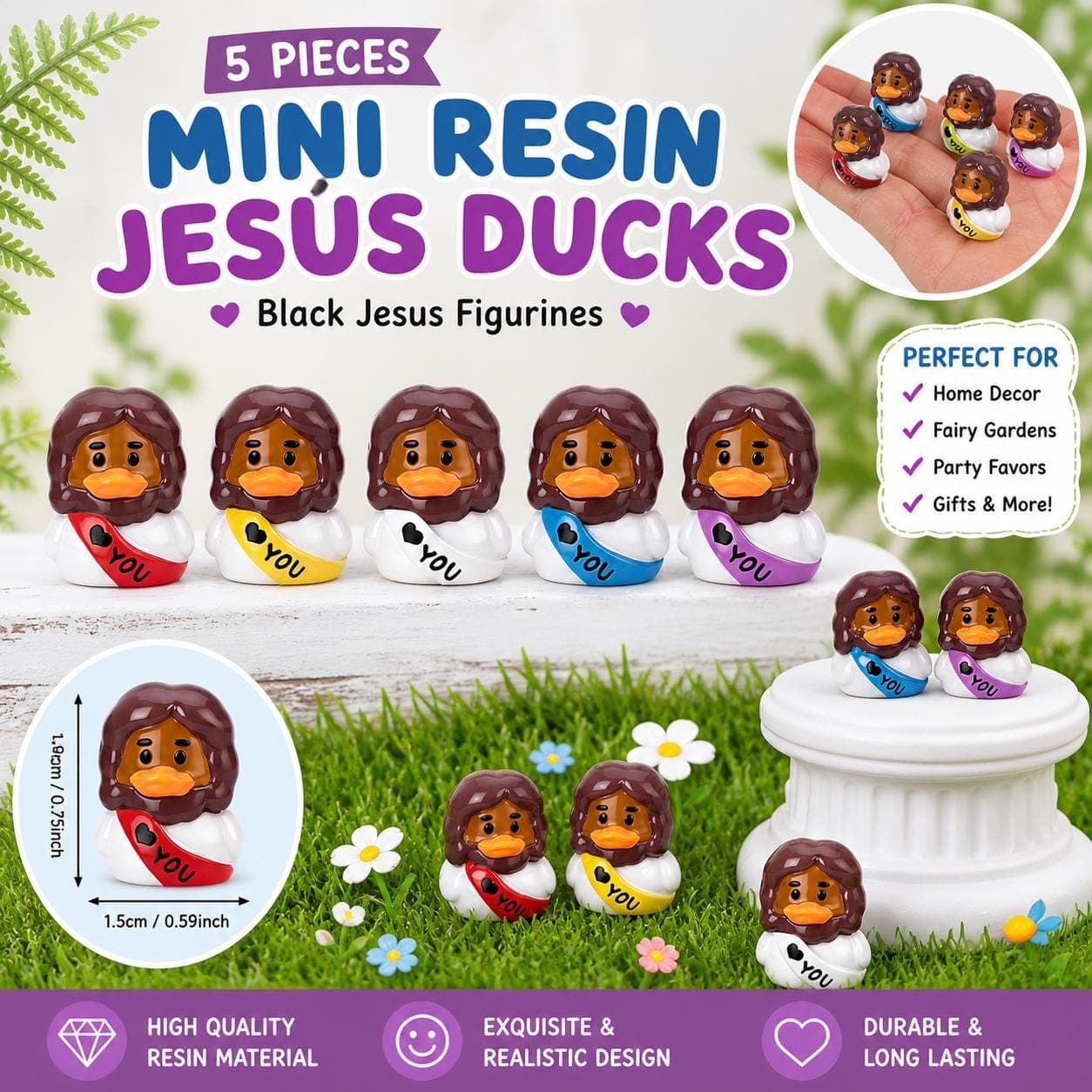 5 Pc Brown Face Jesus Religious Themed Duck Set Mini Resin Figurines Gift Jeep & Cruise Ducks Black Jesus - Image 1