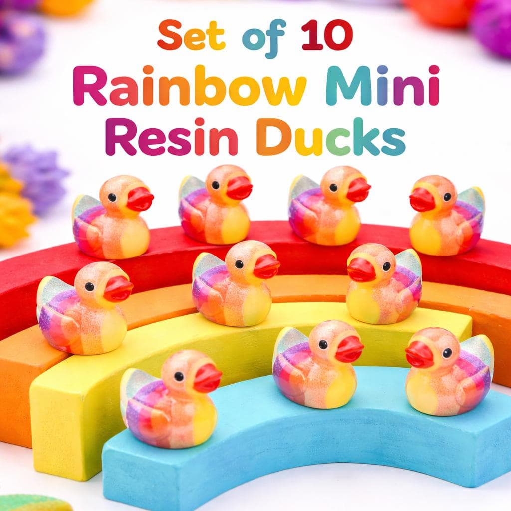 Set of 10 Rainbow Mini Resin Ducks, Tiny Figurines, Fairy Garden Decor Pride Ducks - Image 1