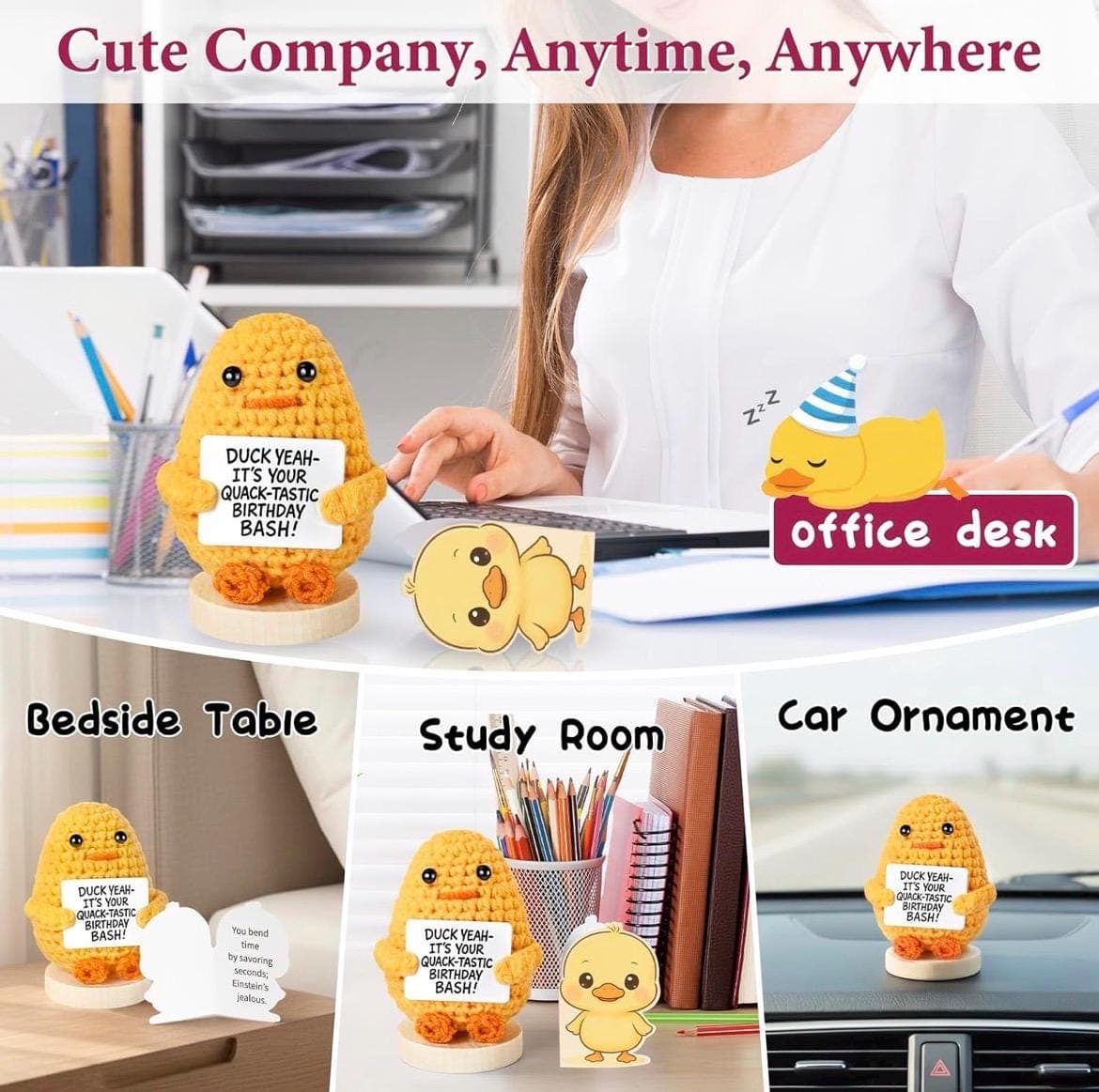 Handmade Crochet Duck with 30 Sassy Affirmation Cards, Funny Emotional Support Duck Plush on Wooden Base, Cute Desk Decor Gift - Thumbnail 6