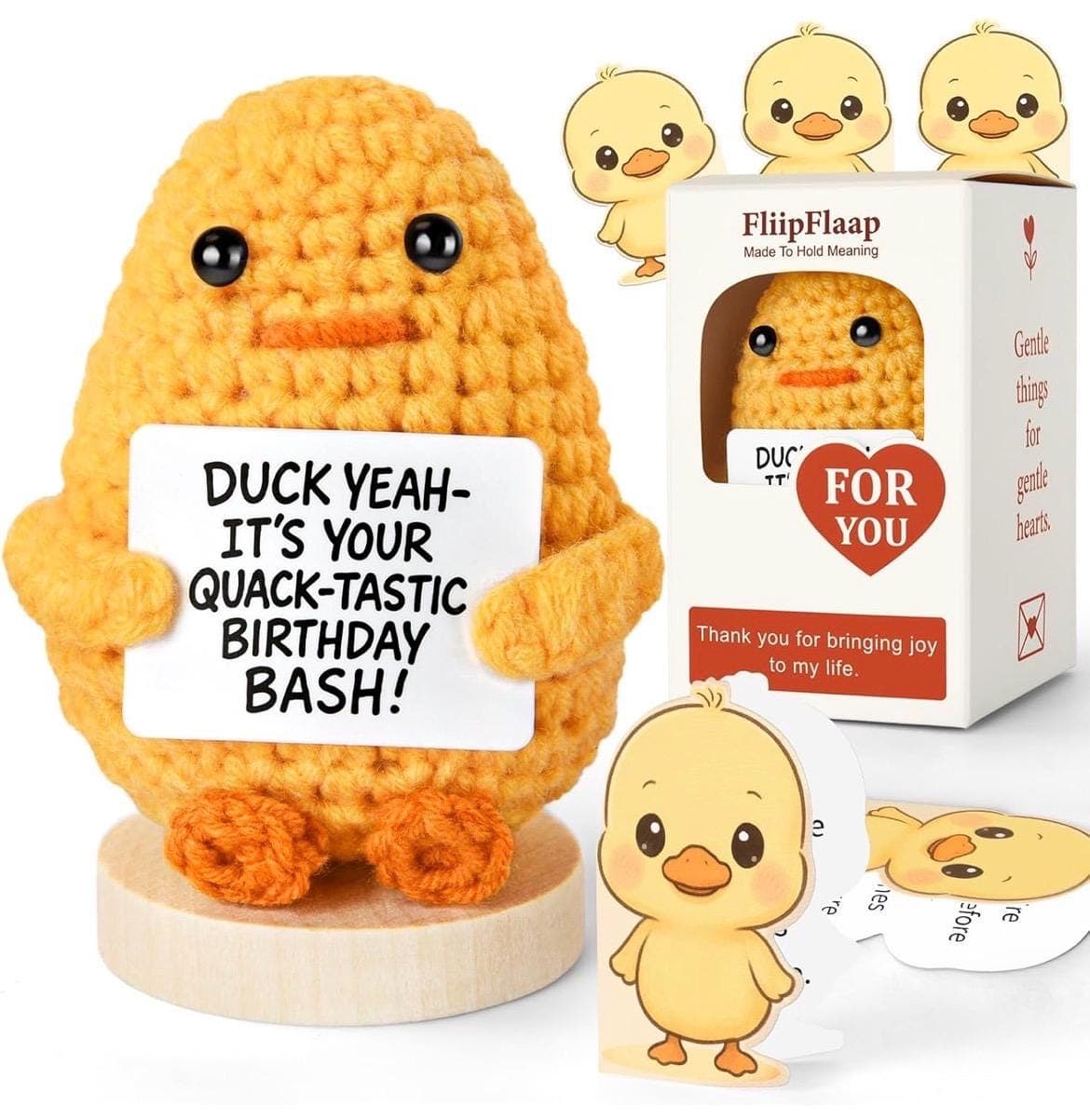 Handmade Crochet Duck with 30 Sassy Affirmation Cards, Funny Emotional Support Duck Plush on Wooden Base, Cute Desk Decor Gift - Thumbnail 2