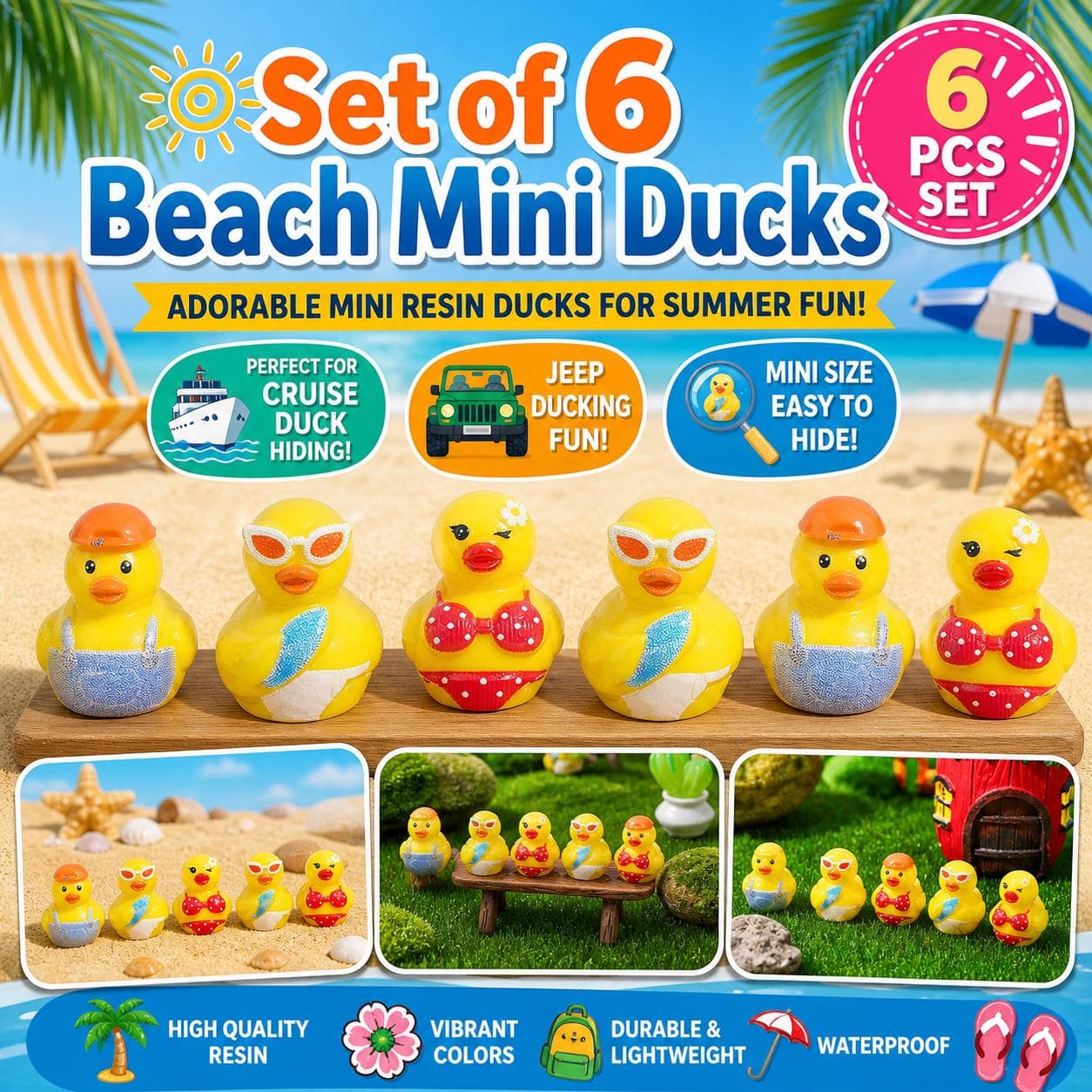 5pc Summer Beach Themed Mini Ducks Set, Tropical Resin Duck Figurines, Cruise Ducks, Jeep Ducks, Luau Party Favors, Tiny Summer Ducks - Image 1