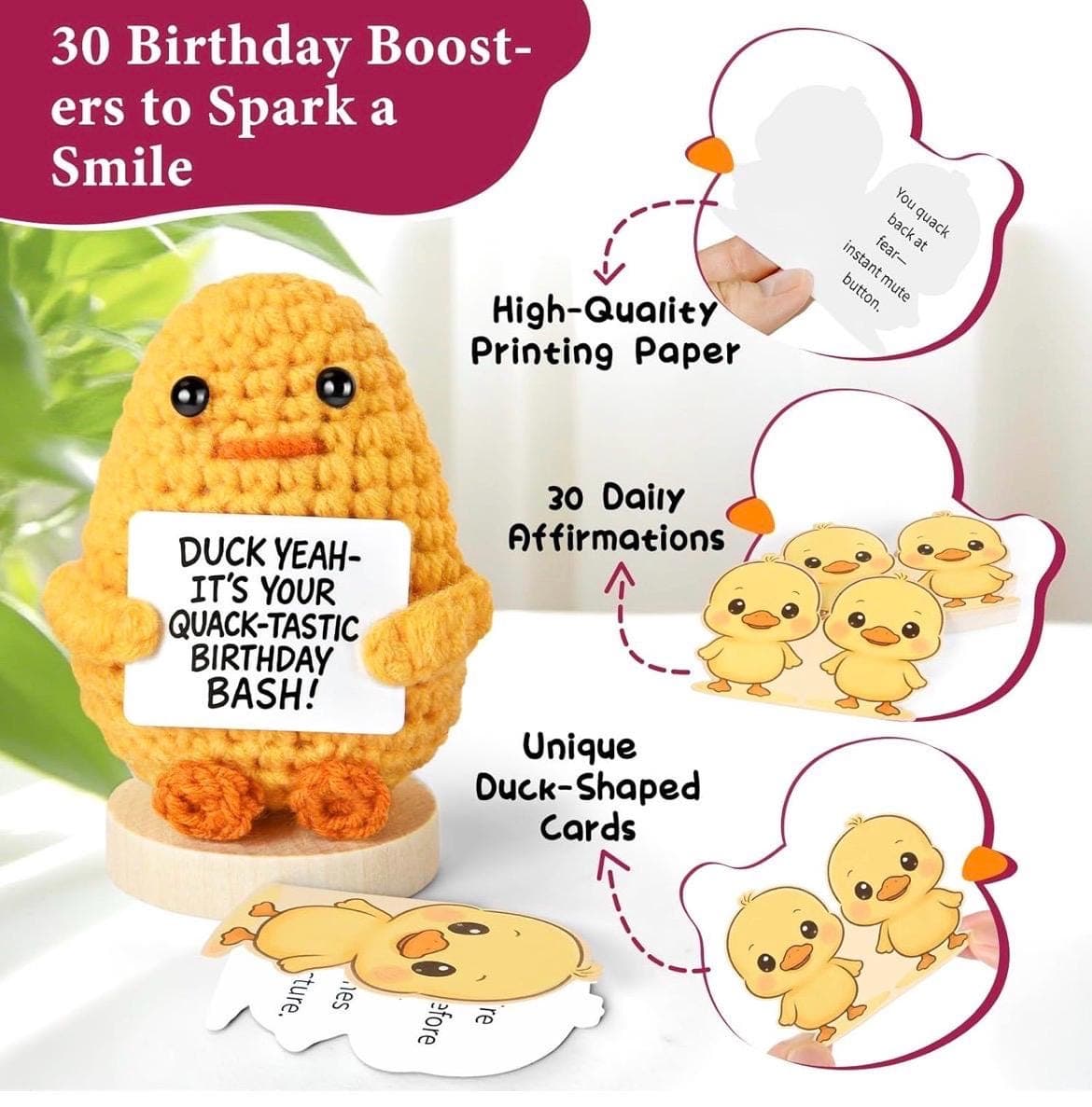 Handmade Crochet Duck with 30 Sassy Affirmation Cards, Funny Emotional Support Duck Plush on Wooden Base, Cute Desk Decor Gift - Thumbnail 3