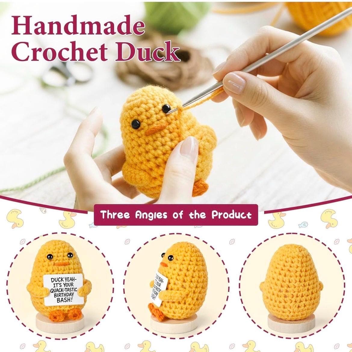 Handmade Crochet Duck with 30 Sassy Affirmation Cards, Funny Emotional Support Duck Plush on Wooden Base, Cute Desk Decor Gift - Thumbnail 4