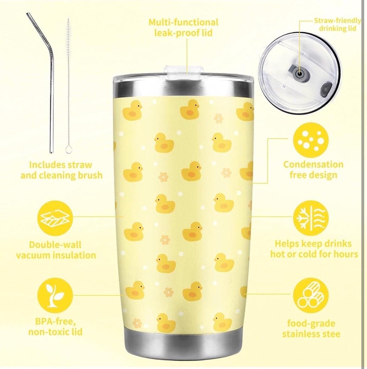Duck Gifts for Duck Lover, 3 Pcs Ducky Gift With Makeup Bag, 20 oz Tumbler & Keychain - Thumbnail 4