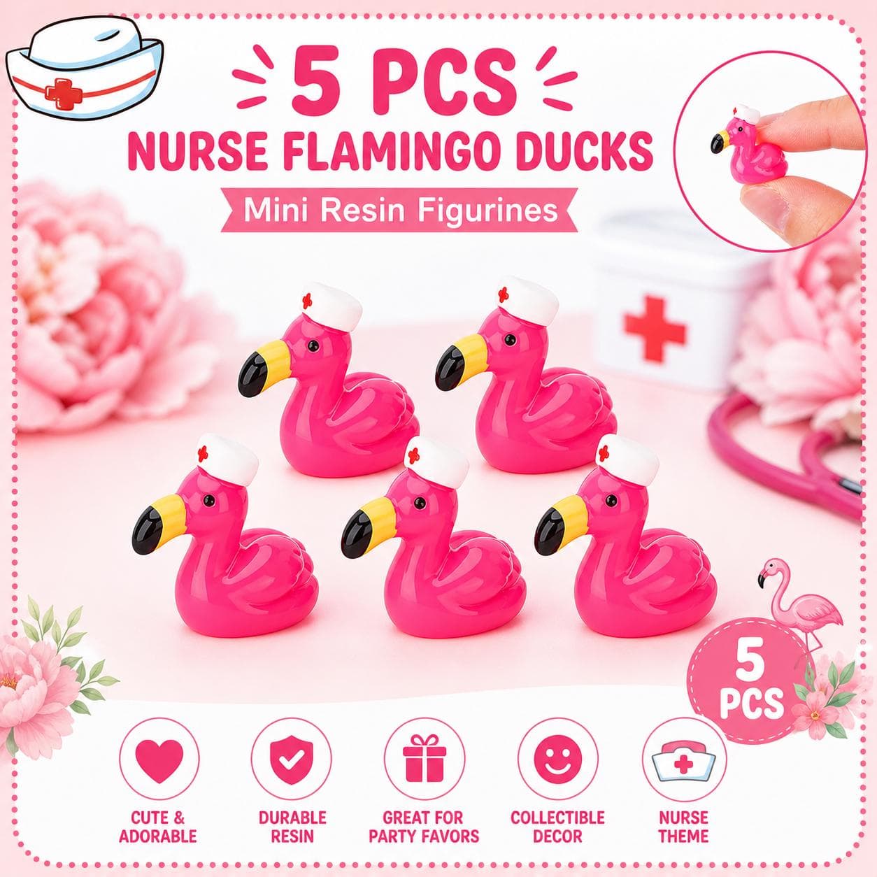 Set of 5 Nurse Flamingo Ducks Mini Resin Figurines, Cute Pink Ducks, Jeep Ducks, Cruise Ducks, Nurse Gift, Party Favors Decor - Image 1