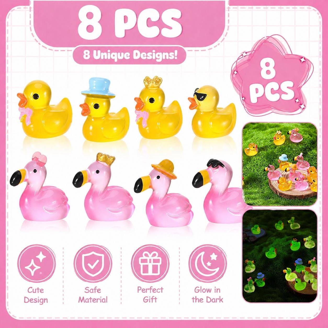 8 Piece Mini Rubber Duck Set: Flamingo, Glow in Dark, Jeep, Cruise Ducks - Image 1