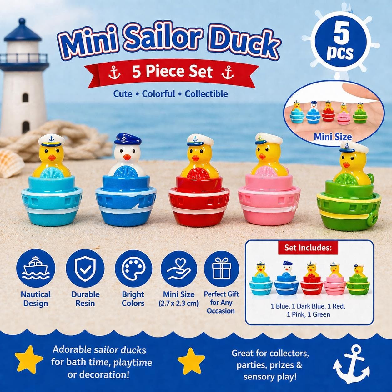 Mini Resin Sailor Duck Boat Set – 5 Piece Nautical Collectible Ducks - Image 1
