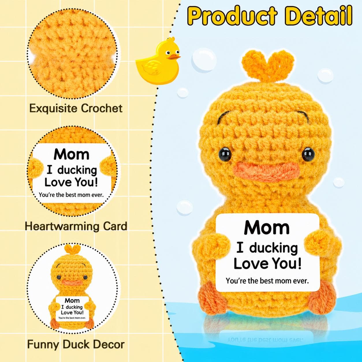 Funny Crochet Duck for Mom Gift, “Mom I Ducking Love You” Handmade Plush Duck, Cute Mother’s Day Gift, Emotional Support Duck Decor - Thumbnail 2