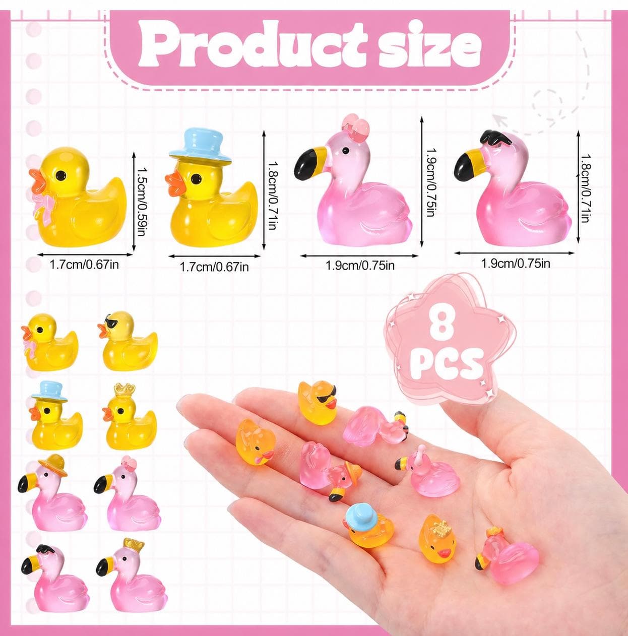 8 Piece Mini Rubber Duck Set: Flamingo, Glow in Dark, Jeep, Cruise Ducks - Thumbnail 2