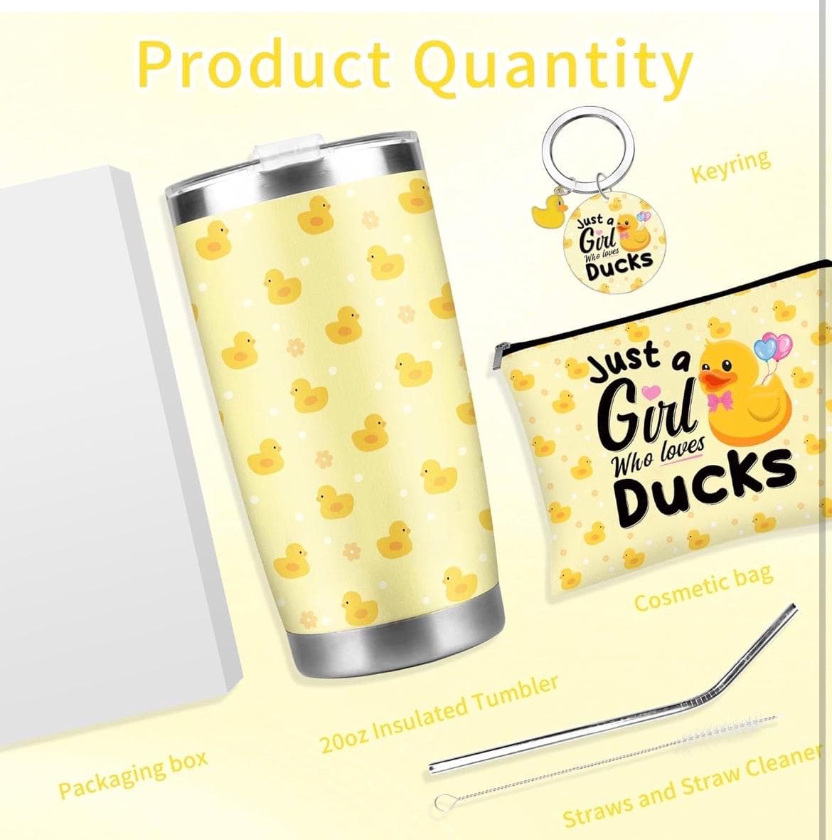 Duck Gifts for Duck Lover, 3 Pcs Ducky Gift With Makeup Bag, 20 oz Tumbler & Keychain - Thumbnail 6
