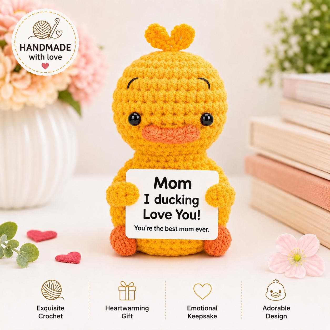 Funny Crochet Duck for Mom Gift, “Mom I Ducking Love You” Handmade Plush Duck, Cute Mother’s Day Gift, Emotional Support Duck Decor - Image 1