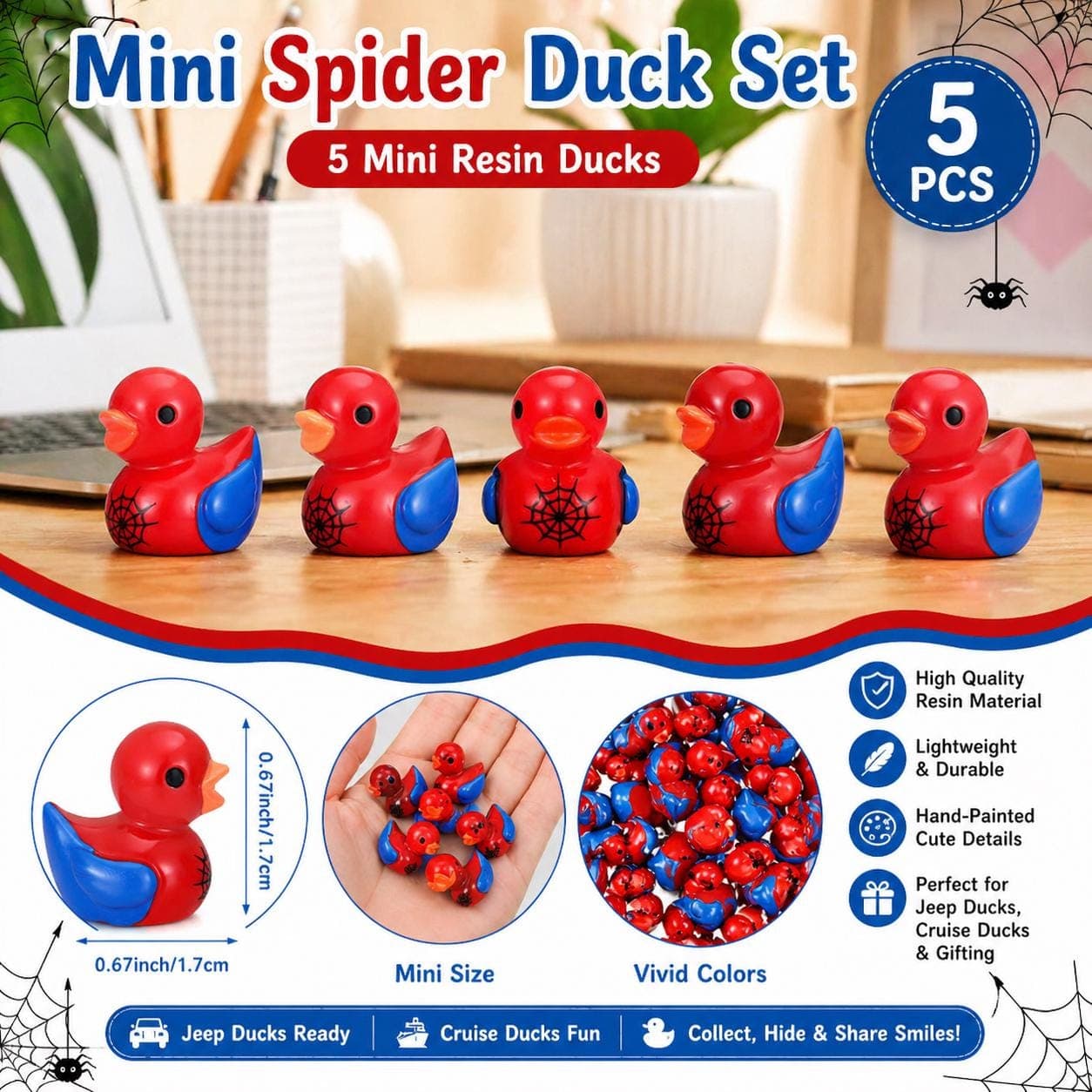 Mini Spider Hero Duck Set – 5pcs Red & Blue Resin Ducks, Jeep Ducks, Cruise Ducks, Superhero Inspired Ducks, Cute Collectible Ducks