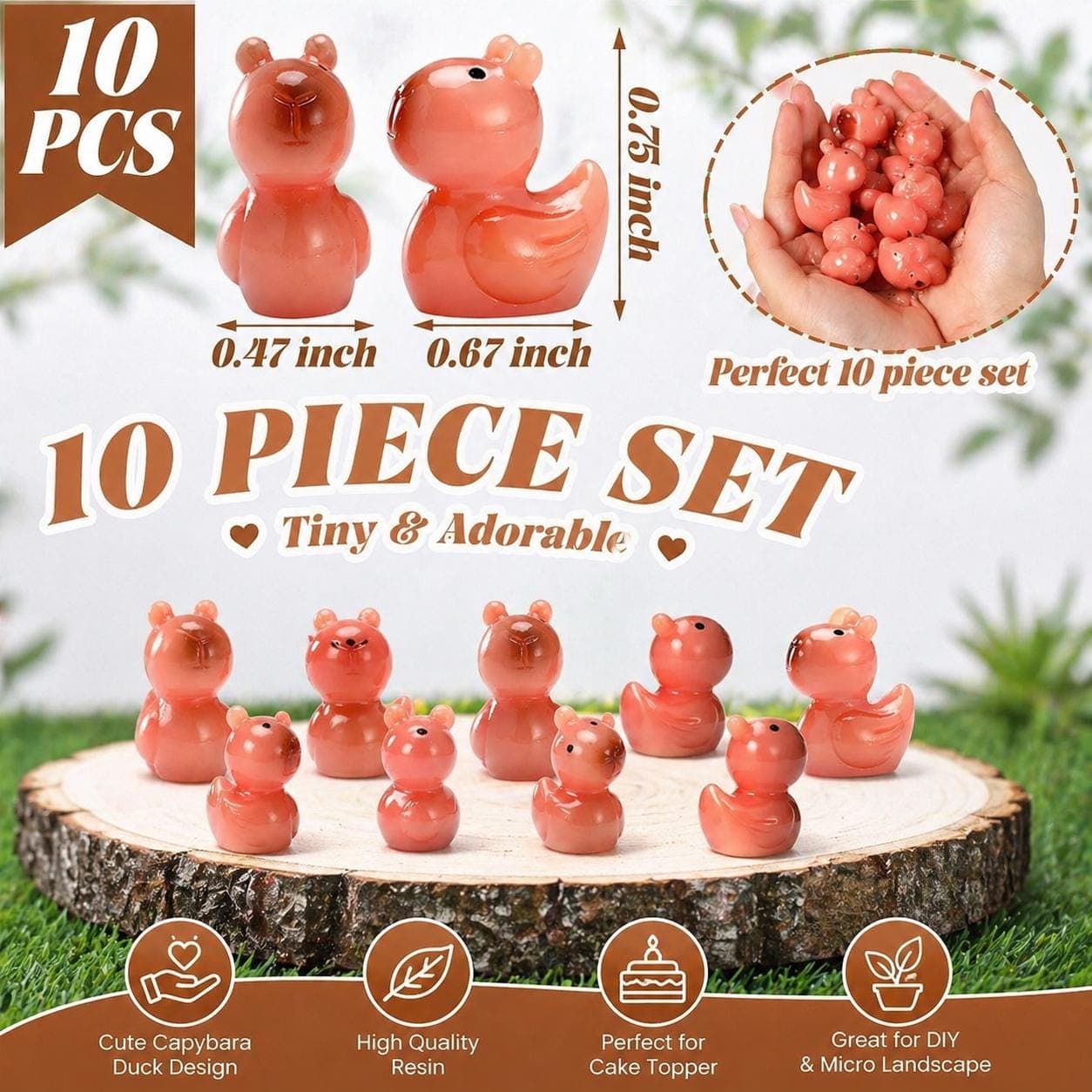 Mini Capybara Duck Figurines 10 Piece Set, Tiny Resin Ducks, Cute Cake Toppers, Fairy Garden Decor, Jeep Ducks Cruise Ducks - Image 1