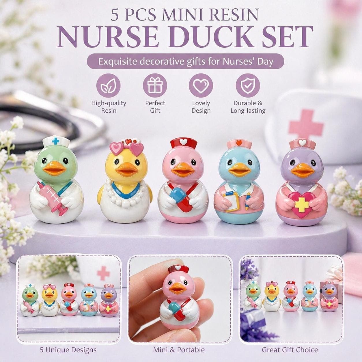 5 Pc Nurse Duck Set Mini Resin Figurines Gift Jeep & Cruise Ducks - Image 1